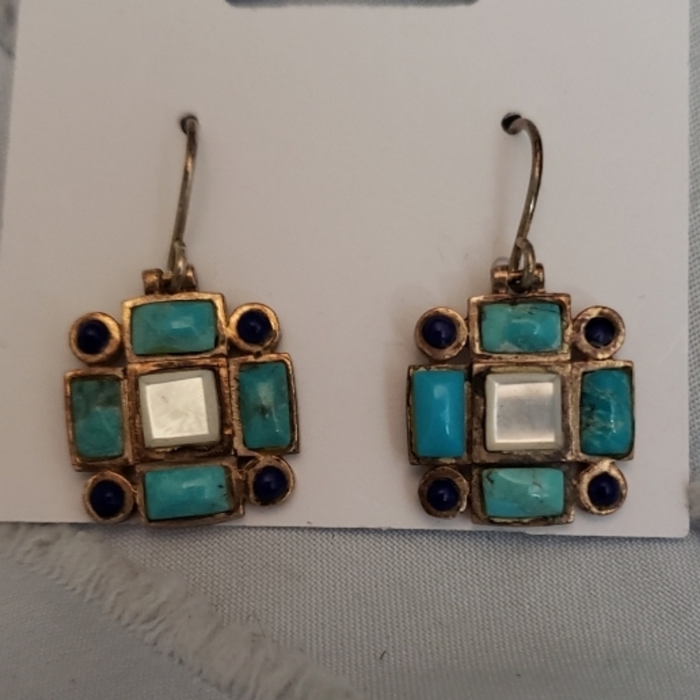 Elegant Sterling, Lapris, Turquoise Inlay, With Mother Of Pear Center Earrings